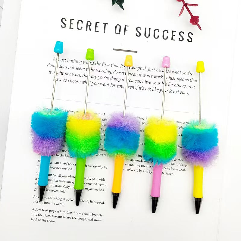 Color-blocked fluffy pompom beaded pen