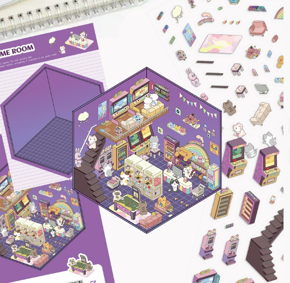 Cartoon Scenery Stickers, Various Miniature World 3D Houses, Stress-Relief DIY Scene Journal Stickers