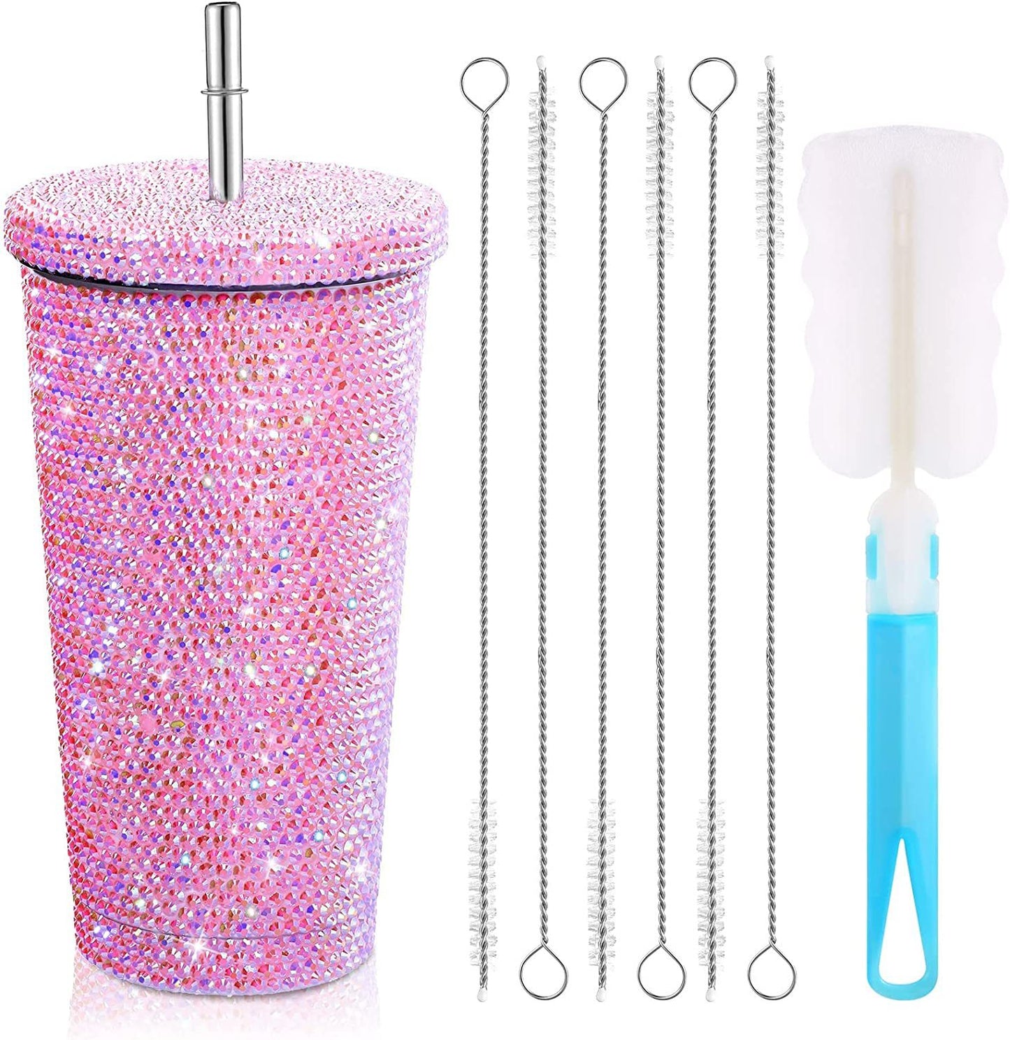 Studded Bling Diamond Tumbler Glitter Water Bottle with Lid Stainless Steel Vacuum Thermal Straw Tumbler Rhinestone Tumbler with 1 Pcs Cup Brush 6 Pcs Straw Brushes for Women (White,16.9 oz)