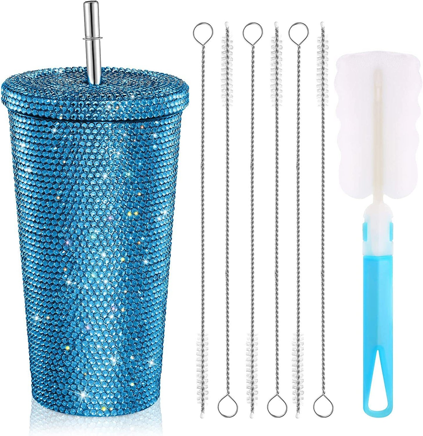 Studded Bling Diamond Tumbler Glitter Water Bottle with Lid Stainless Steel Vacuum Thermal Straw Tumbler Rhinestone Tumbler with 1 Pcs Cup Brush 6 Pcs Straw Brushes for Women (White,16.9 oz)