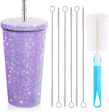 Studded Bling Diamond Tumbler Glitter Water Bottle with Lid Stainless Steel Vacuum Thermal Straw Tumbler Rhinestone Tumbler with 1 Pcs Cup Brush 6 Pcs Straw Brushes for Women (White,16.9 oz)