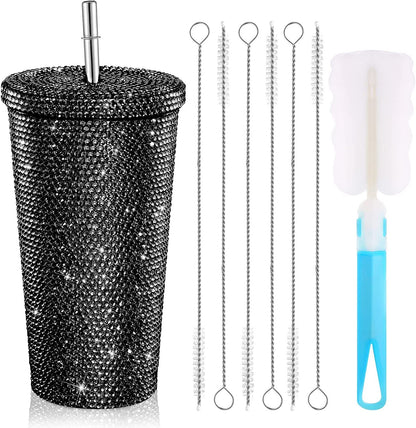 Studded Bling Diamond Tumbler Glitter Water Bottle with Lid Stainless Steel Vacuum Thermal Straw Tumbler Rhinestone Tumbler with 1 Pcs Cup Brush 6 Pcs Straw Brushes for Women (White,16.9 oz)