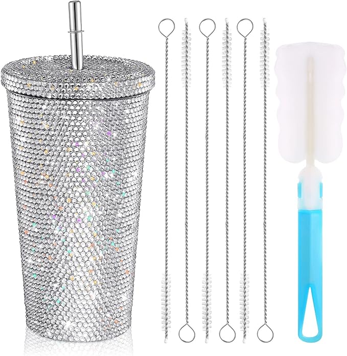 Studded Bling Diamond Tumbler Glitter Water Bottle with Lid Stainless Steel Vacuum Thermal Straw Tumbler Rhinestone Tumbler with 1 Pcs Cup Brush 6 Pcs Straw Brushes for Women (White,16.9 oz)