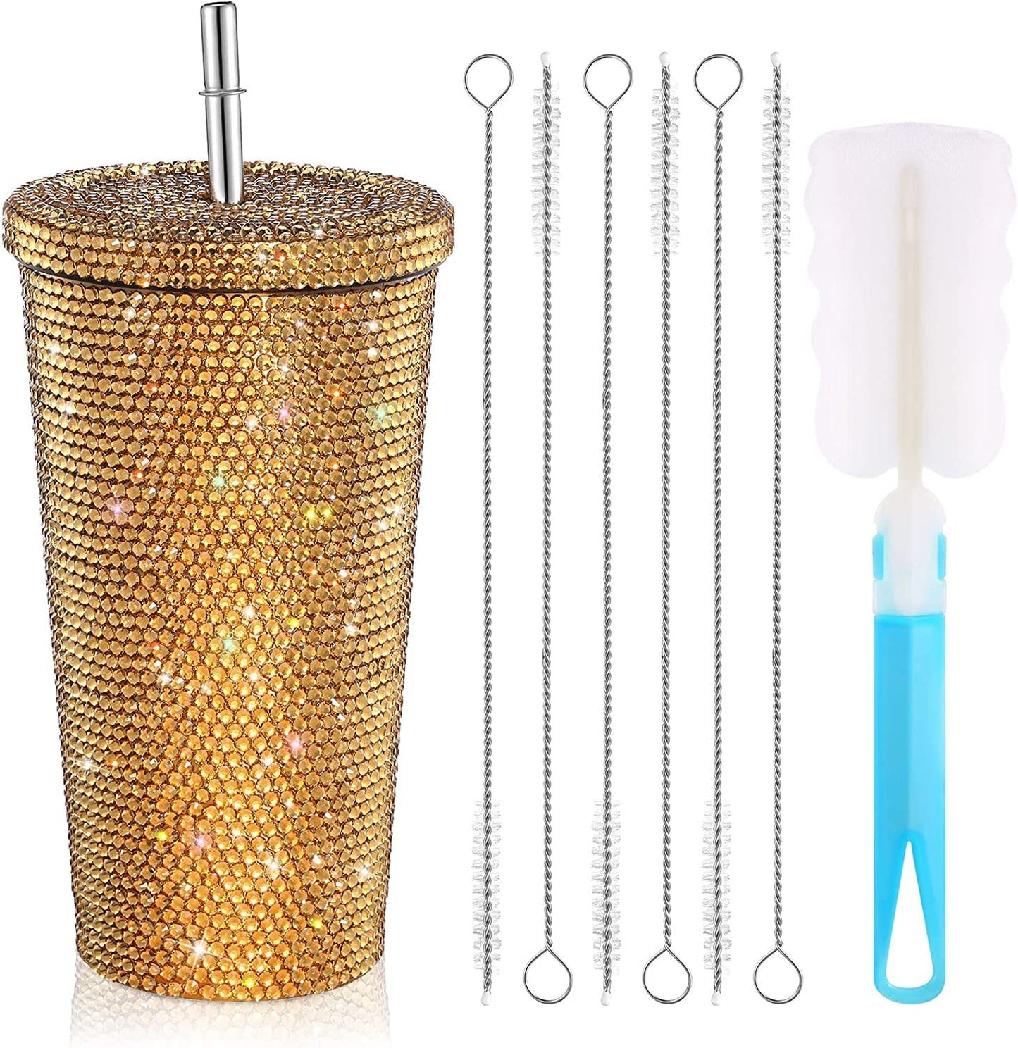 Studded Bling Diamond Tumbler Glitter Water Bottle with Lid Stainless Steel Vacuum Thermal Straw Tumbler Rhinestone Tumbler with 1 Pcs Cup Brush 6 Pcs Straw Brushes for Women (White,16.9 oz)