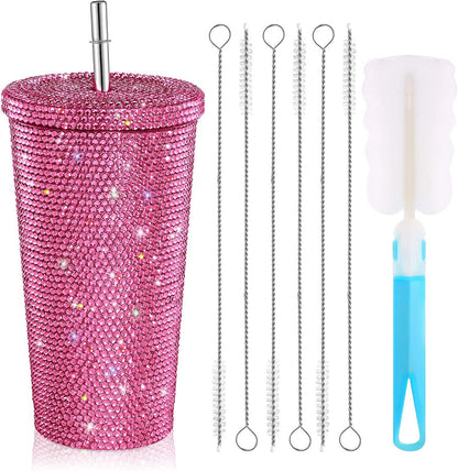 Studded Bling Diamond Tumbler Glitter Water Bottle with Lid Stainless Steel Vacuum Thermal Straw Tumbler Rhinestone Tumbler with 1 Pcs Cup Brush 6 Pcs Straw Brushes for Women (White,16.9 oz)