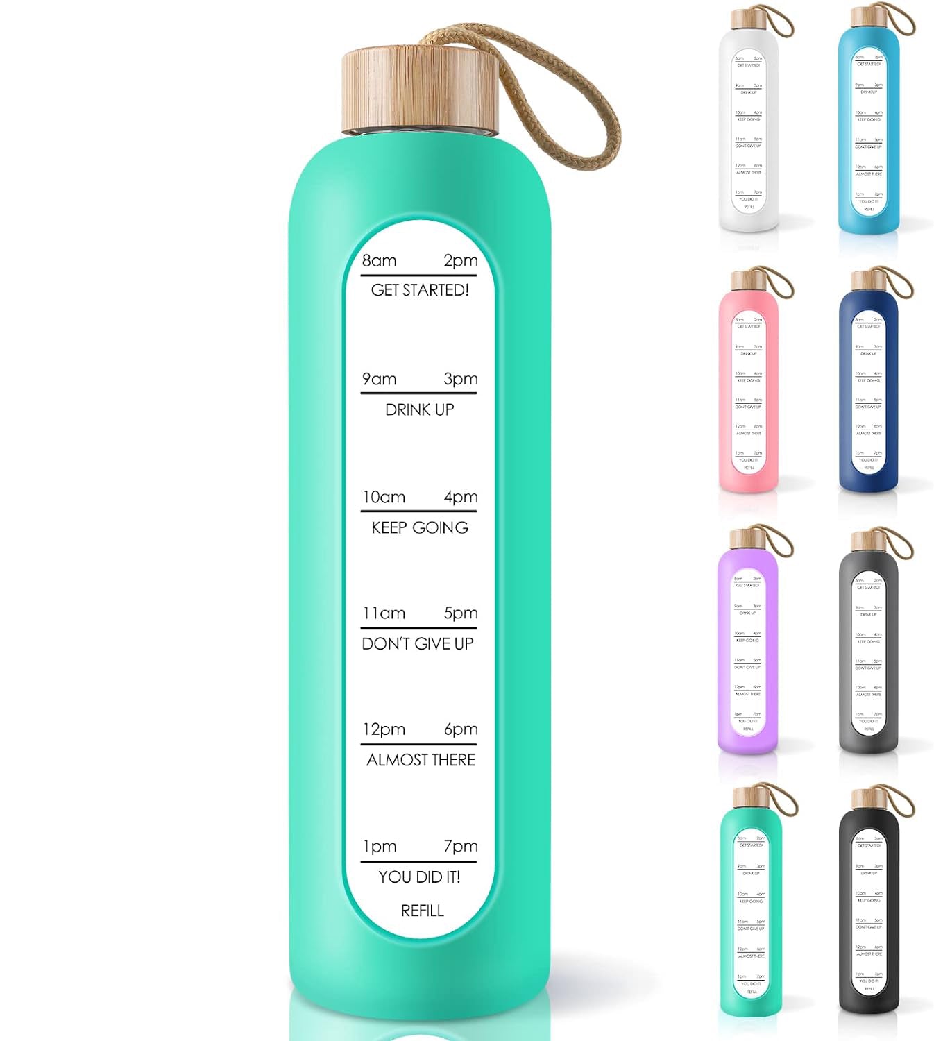 PROBTTL 32 Oz Borosilicate Glass Water Bottle with Time Marker Reminder Quotes, Leak Proof Reusable BPA Free Motivational Water Bottles with Silicone Sleeve and Bamboo Lid