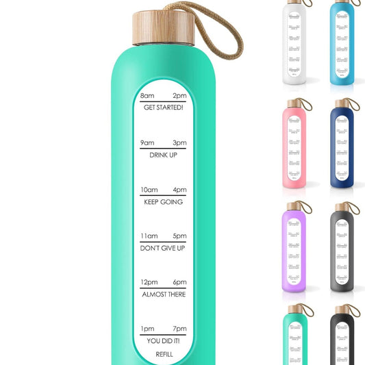 PROBTTL 32 Oz Borosilicate Glass Water Bottle with Time Marker Reminder Quotes, Leak Proof Reusable BPA Free Motivational Water Bottles with Silicone Sleeve and Bamboo Lid