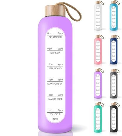 PROBTTL 32 Oz Borosilicate Glass Water Bottle with Time Marker Reminder Quotes, Leak Proof Reusable BPA Free Motivational Water Bottles with Silicone Sleeve and Bamboo Lid