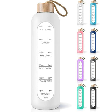 PROBTTL 32 Oz Borosilicate Glass Water Bottle with Time Marker Reminder Quotes, Leak Proof Reusable BPA Free Motivational Water Bottles with Silicone Sleeve and Bamboo Lid