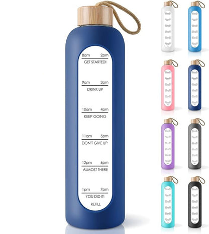 PROBTTL 32 Oz Borosilicate Glass Water Bottle with Time Marker Reminder Quotes, Leak Proof Reusable BPA Free Motivational Water Bottles with Silicone Sleeve and Bamboo Lid