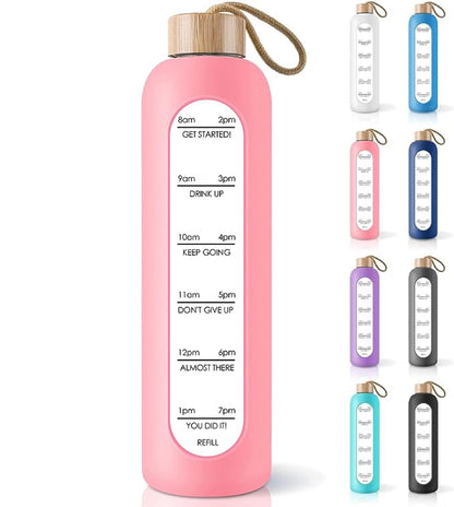 PROBTTL 32 Oz Borosilicate Glass Water Bottle with Time Marker Reminder Quotes, Leak Proof Reusable BPA Free Motivational Water Bottles with Silicone Sleeve and Bamboo Lid