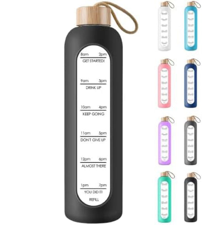 PROBTTL 32 Oz Borosilicate Glass Water Bottle with Time Marker Reminder Quotes, Leak Proof Reusable BPA Free Motivational Water Bottles with Silicone Sleeve and Bamboo Lid