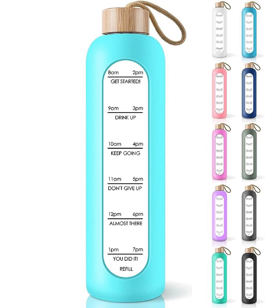 PROBTTL 32 Oz Borosilicate Glass Water Bottle with Time Marker Reminder Quotes, Leak Proof Reusable BPA Free Motivational Water Bottles with Silicone Sleeve and Bamboo Lid