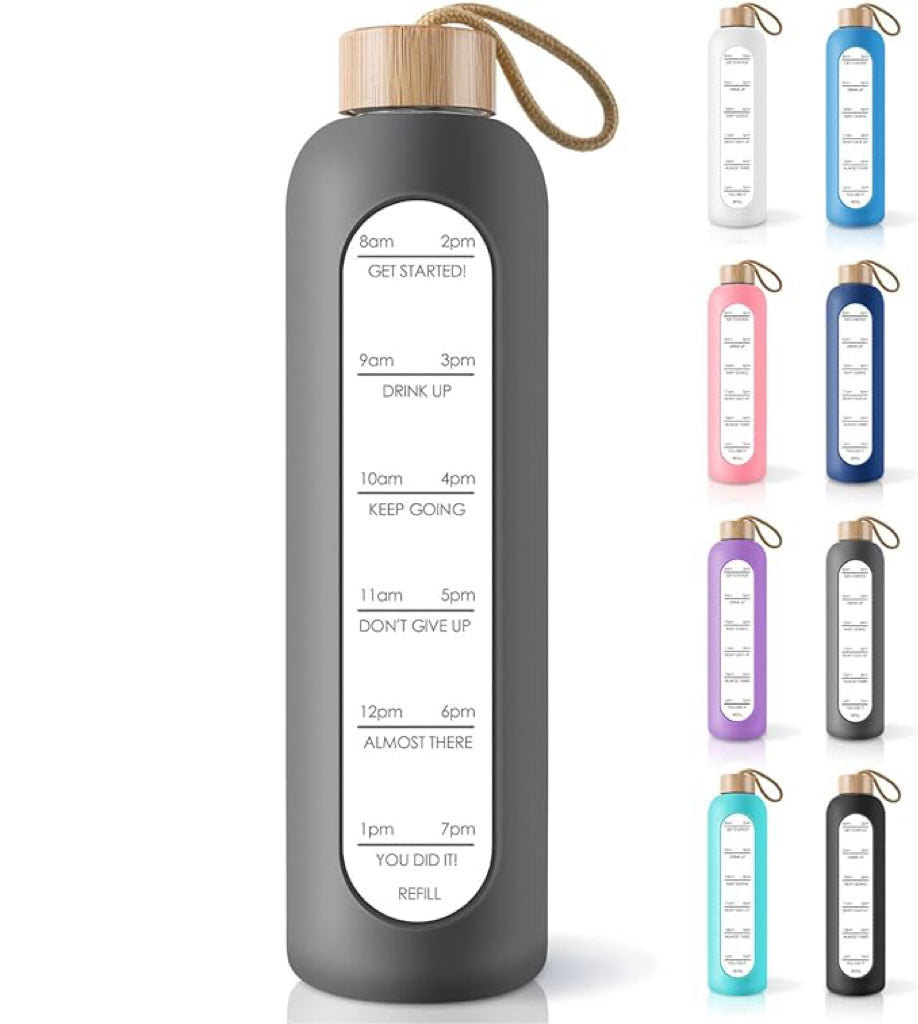 PROBTTL 32 Oz Borosilicate Glass Water Bottle with Time Marker Reminder Quotes, Leak Proof Reusable BPA Free Motivational Water Bottles with Silicone Sleeve and Bamboo Lid