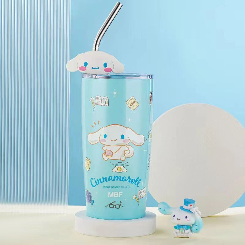 Creative Sanrio Straw Coffee Stainless Steel Thermos Cup Cartoon New Picture Cute Silicone Doll 21oz