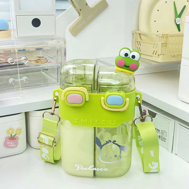 Kawaii Water Bottle Cute Water Bottles with Straw, Double Chamber Water Bottle with Adjustable Strap and Kawaii 3D Stickers, Portable Leakproof Water Jug, 26oz