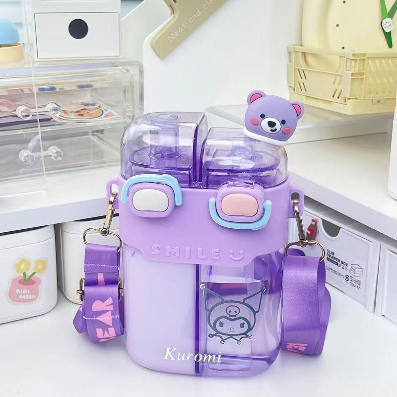 Kawaii Water Bottle Cute Water Bottles with Straw, Double Chamber Water Bottle with Adjustable Strap and Kawaii 3D Stickers, Portable Leakproof Water Jug, 26oz