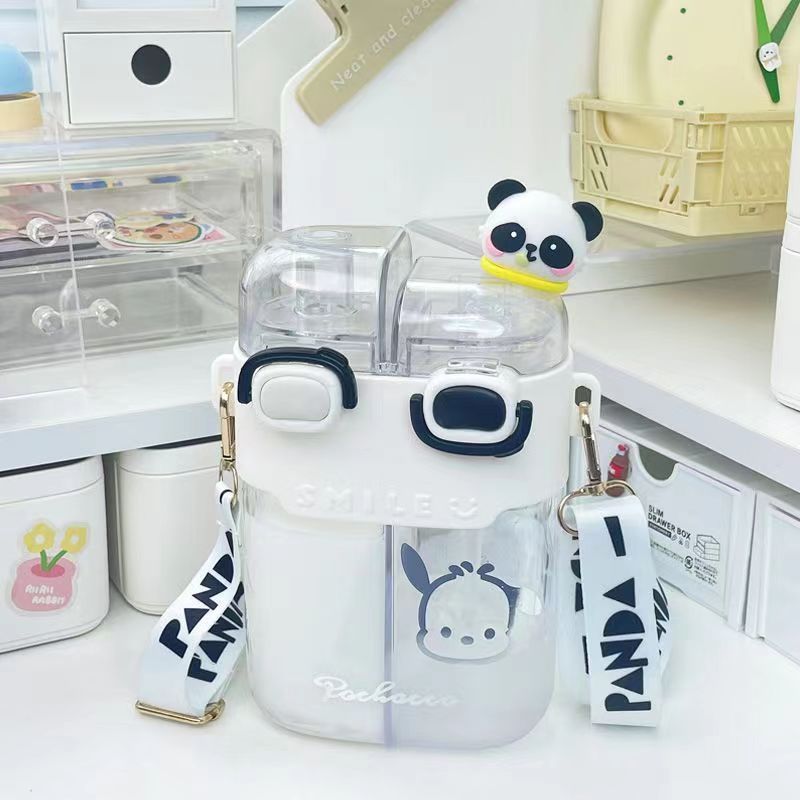 Kawaii Water Bottle Cute Water Bottles with Straw, Double Chamber Water Bottle with Adjustable Strap and Kawaii 3D Stickers, Portable Leakproof Water Jug, 26oz