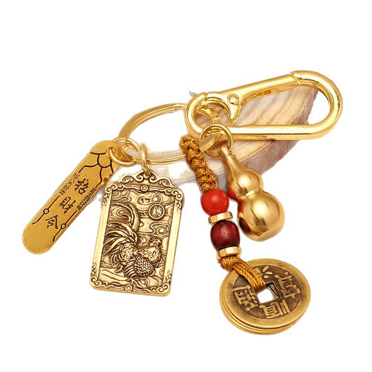 Brass Zhao Gongming Martial God of Wealth Prosperity Attracting Five Emperor Coins Gourd Keychain Pendant Car Keychain Accessory