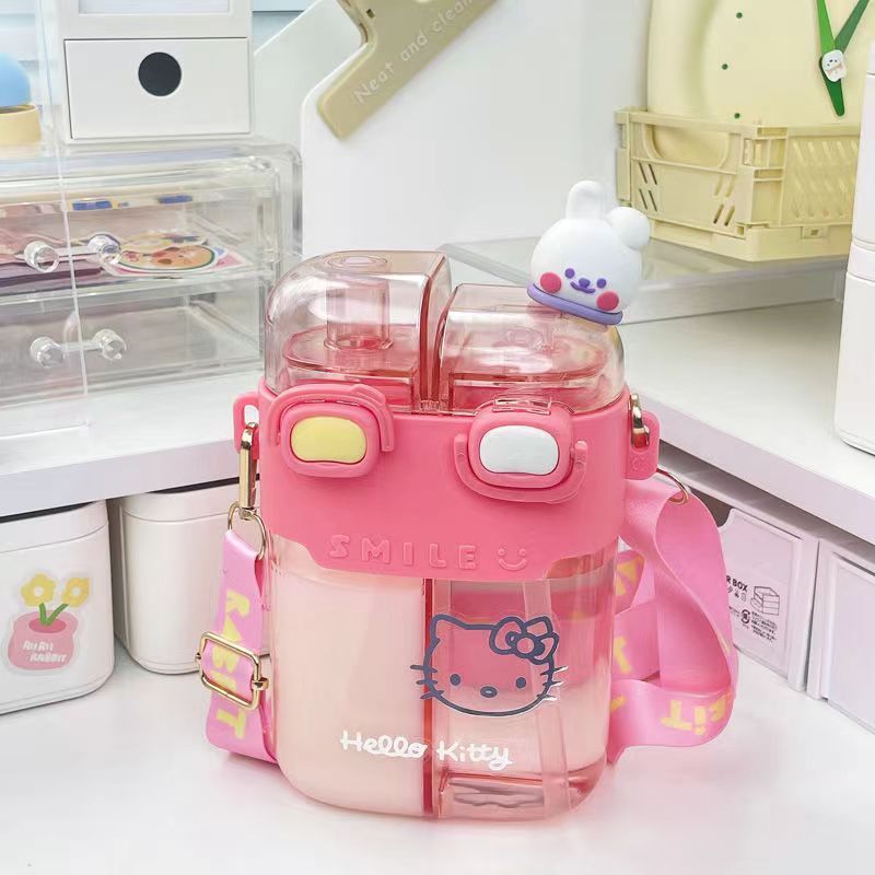 Kawaii Water Bottle Cute Water Bottles with Straw, Double Chamber Water Bottle with Adjustable Strap and Kawaii 3D Stickers, Portable Leakproof Water Jug, 26oz