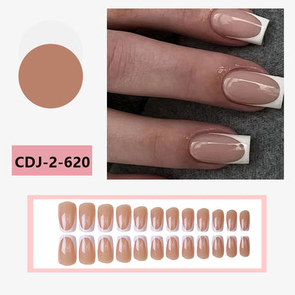 Source factory direct sales of Chinese style powder transparent white French crescent wearing nail products, nail patches, square shaped nail enhancement patches